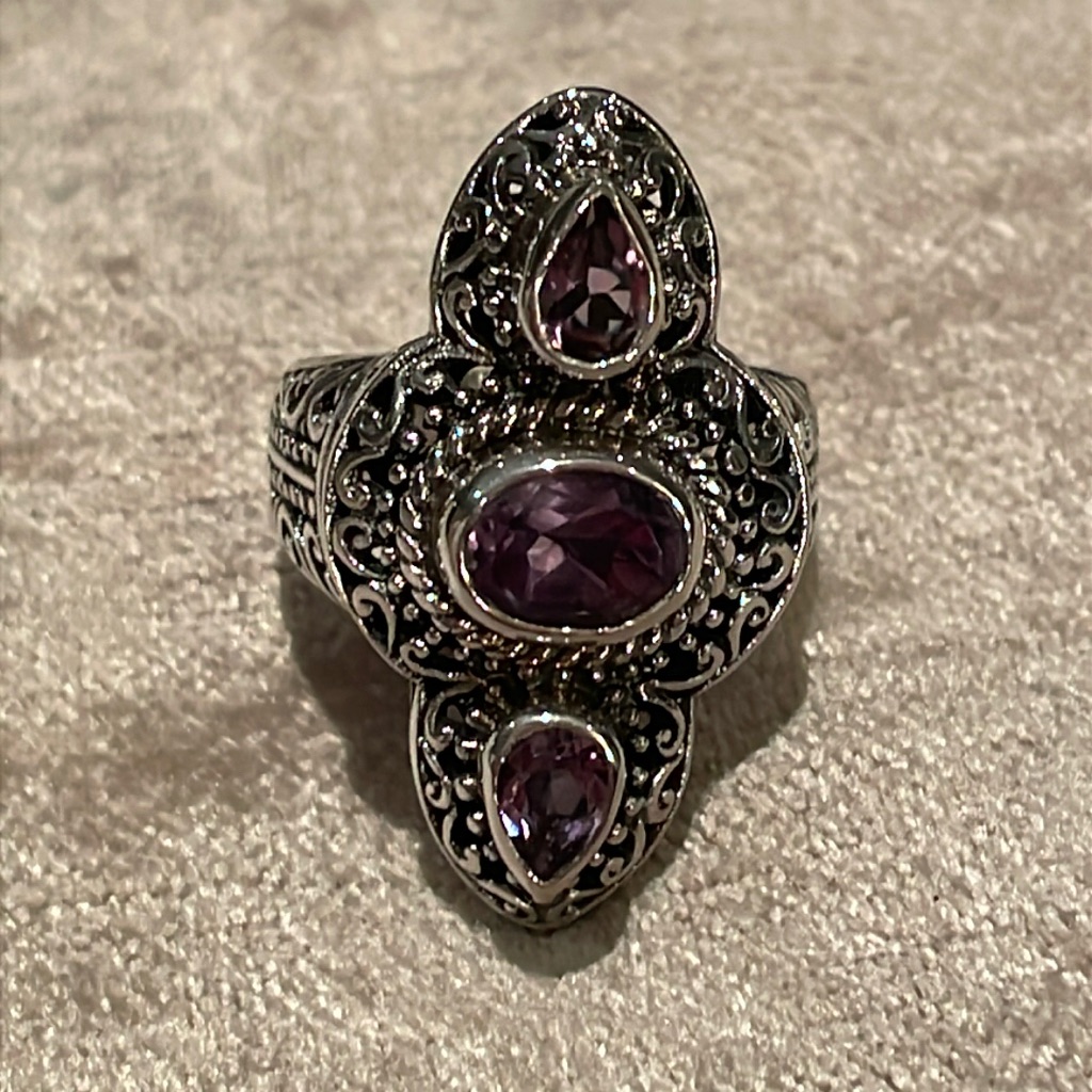 Genuine Amethyst Sterling Silver Ring 925 Ornate Setting Size 8